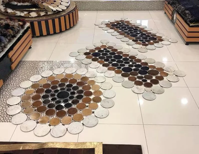 Tricolor Cowhide Round Rug, Cow Skin Patchwork Rug, Natural Leather Area Rug