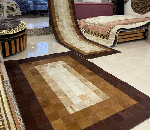 Tricolor Handmade Cowhide Patchwork Rug, Custom Size Natural Rug