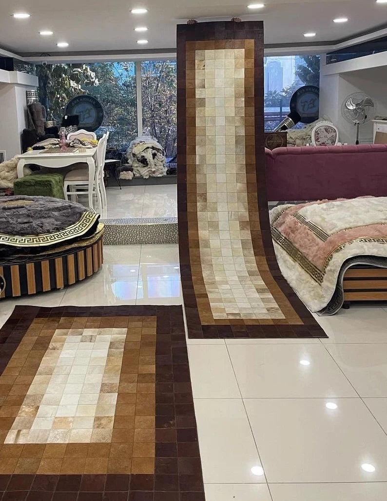 Tricolor Handmade Cowhide Patchwork Rug, Custom Size Natural Rug