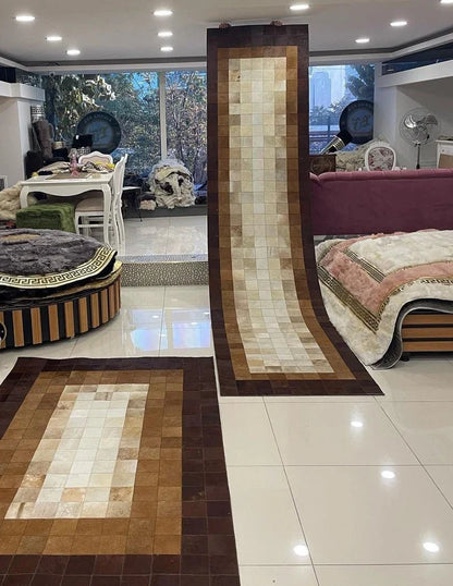 Tricolor Handmade Cowhide Patchwork Rug, Custom Size Natural Rug