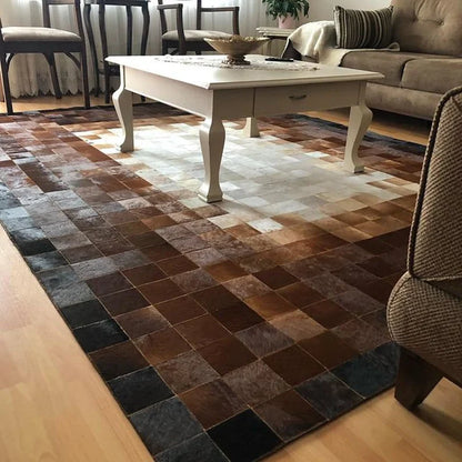 Tricolor Leather Cowhide Area Rug for Living Room, Natural Handmade Hair on Cow hide Rug, Rectangle Rug