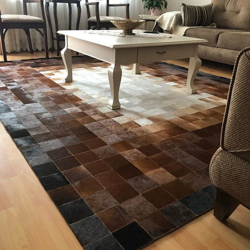Tricolor Leather Cowhide Area Rug for Living Room, Natural Handmade Hair on Cow hide Rug, Rectangle Rug
