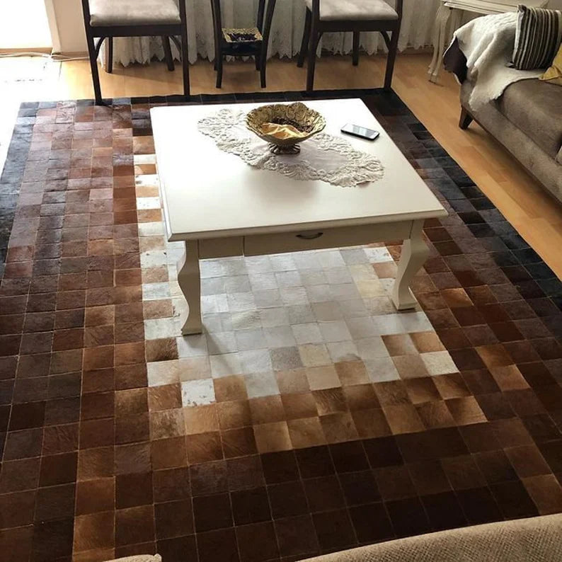 Tricolor Leather Cowhide Area Rug for Living Room, Natural Handmade Hair on Cow hide Rug, Rectangle Rug