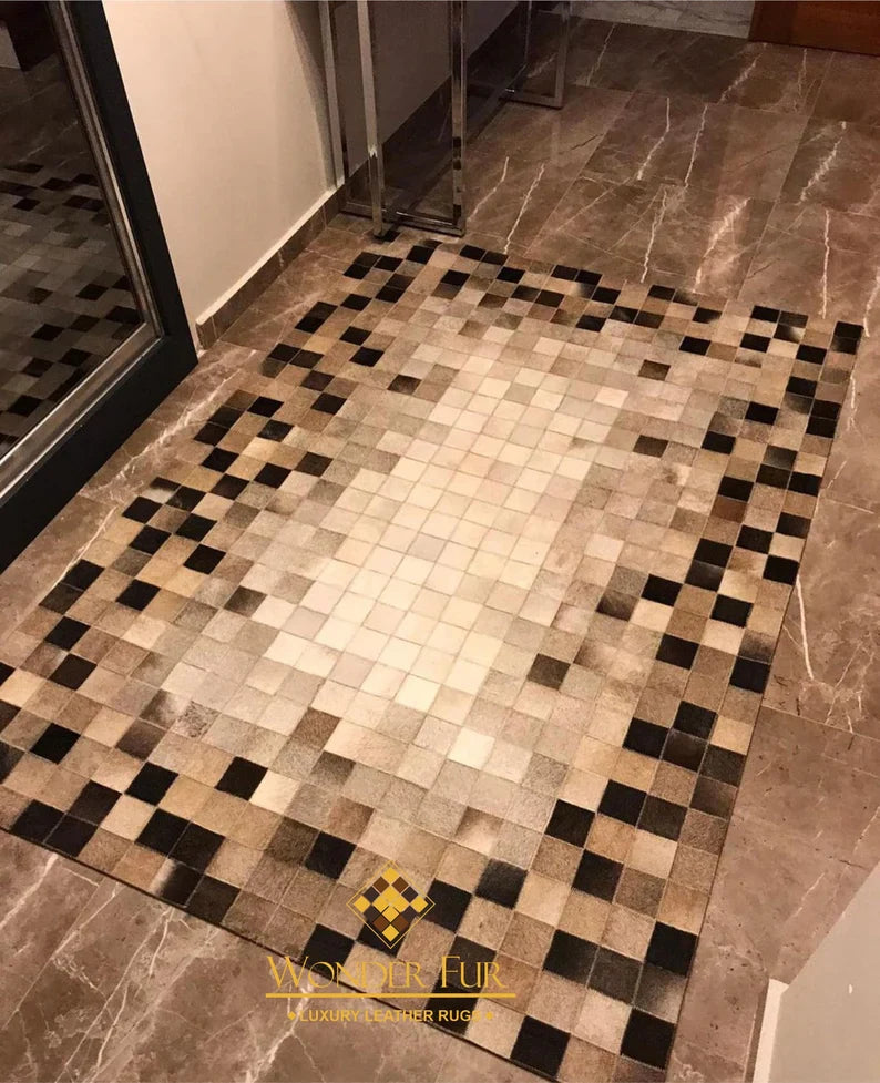 Tricolor Natural Cow Skin Patchwork Rug, Handmade Cowhide Runner Rug, Scandinavian Rug