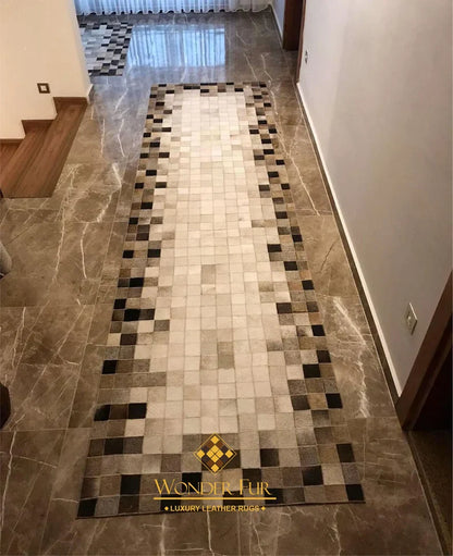 Tricolor Natural Cow Skin Patchwork Rug, Handmade Cowhide Runner Rug, Scandinavian Rug