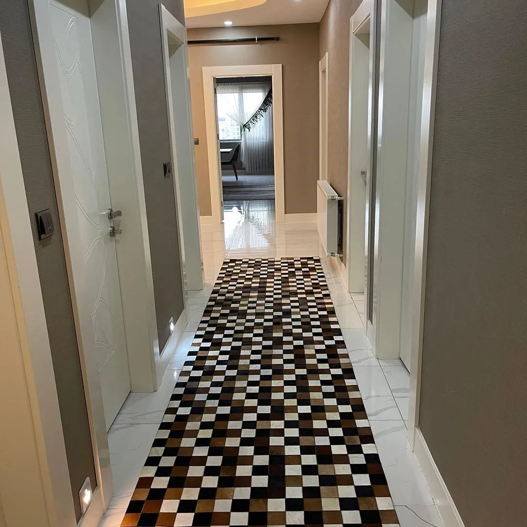 Tricolor Natural Cowhide Patchwork Runner Rug for Hallway