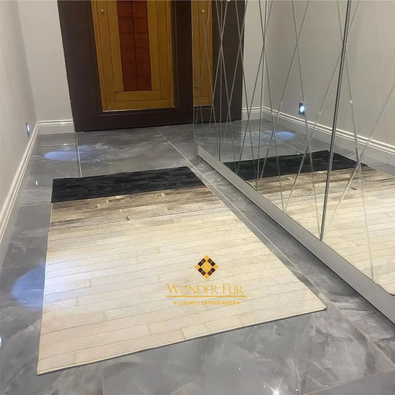 Tricolor Natural Cowhide Rug, Leather Cowhide Patchwork, Unique Entryway Rug