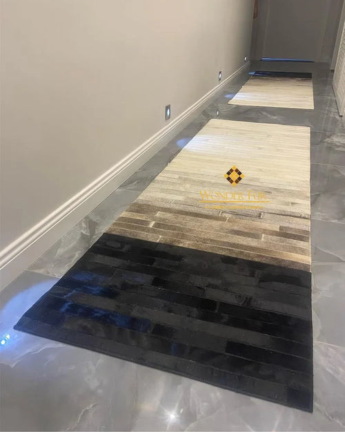 Tricolor Natural Cowhide Rug, Leather Cowhide Patchwork, Unique Entryway Rug