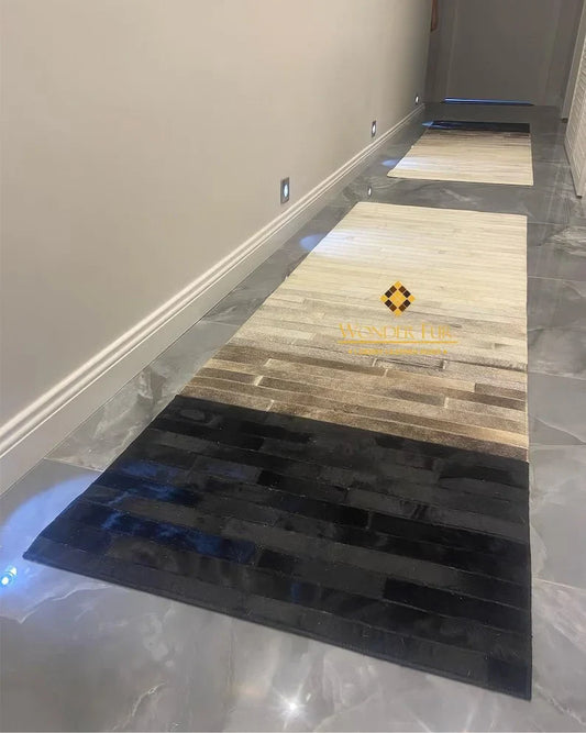 Tricolor Natural Cowhide Rug, Leather Cowhide Patchwork, Unique Entryway Rug