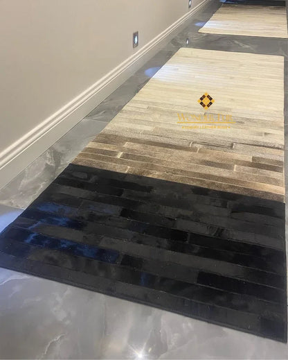 Tricolor Natural Cowhide Rug, Leather Cowhide Patchwork, Unique Entryway Rug