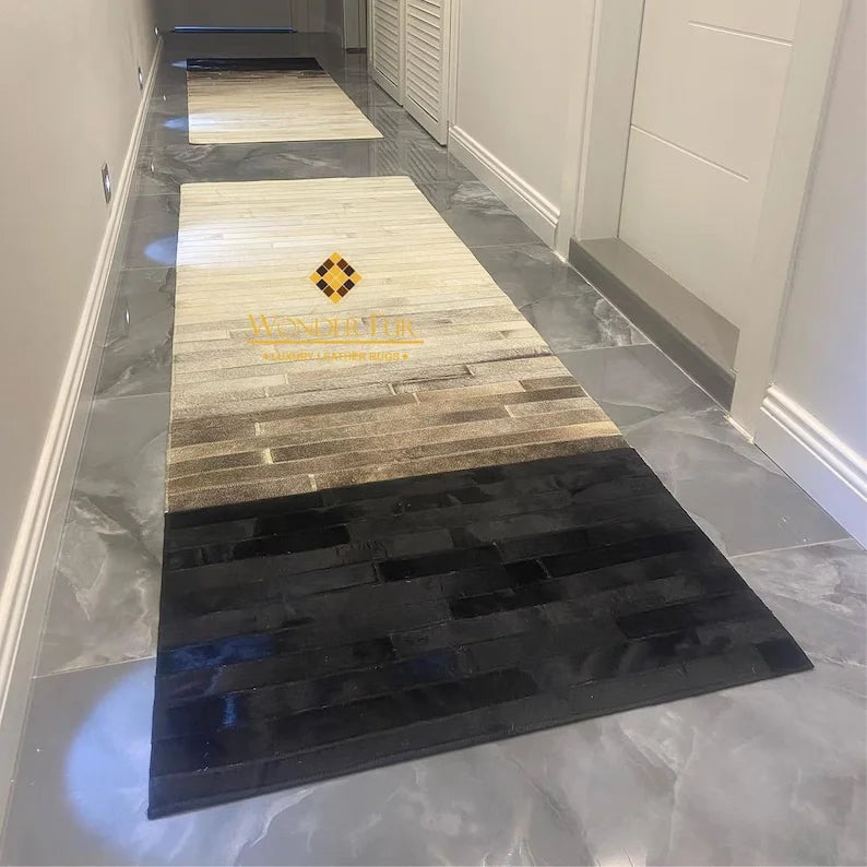 Tricolor Natural Cowhide Rug, Leather Cowhide Patchwork, Unique Entryway Rug