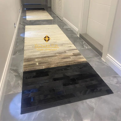 Tricolor Natural Cowhide Rug, Leather Cowhide Patchwork, Unique Entryway Rug