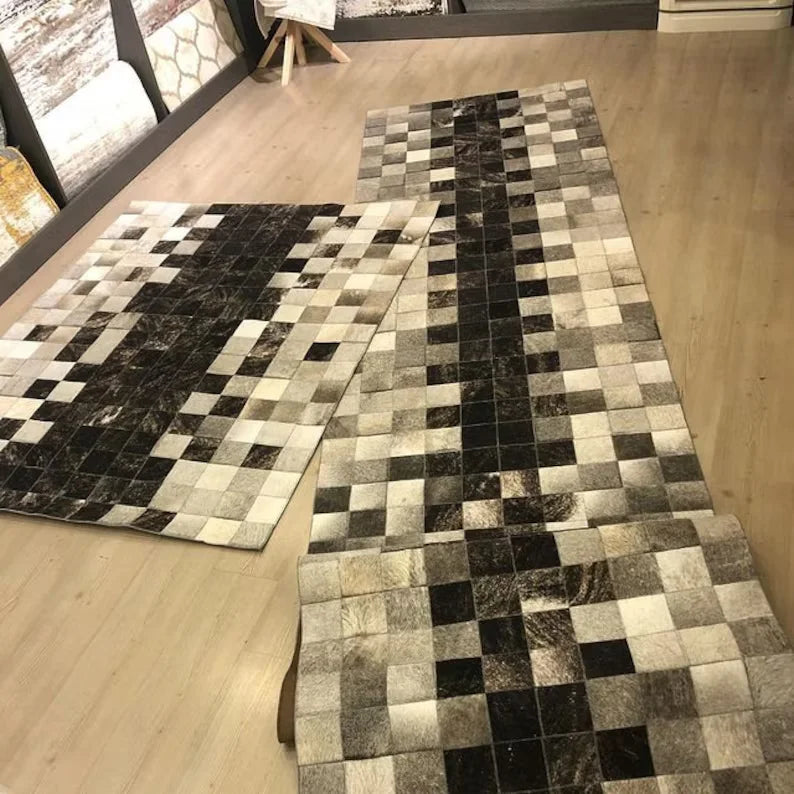 Tricolor Natural Cowhide Runner Rug, Handmade Cow Skin Patchwork Long Rug