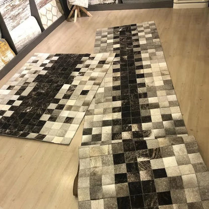 Tricolor Natural Cowhide Runner Rug, Handmade Cow Skin Patchwork Long Rug