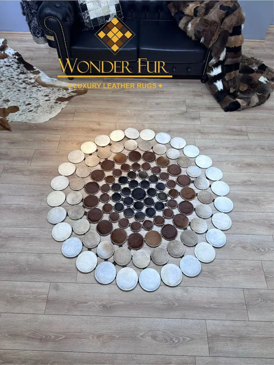Tricolor Natural Leather Cowhide Patchwork Rug, Handmade Round Cow Skin Decor Rug
