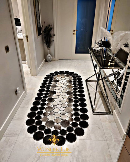 Tricolor Oval Genuine Cow Skin Runner Rug, Handmade Cowhide Patchwork Rug