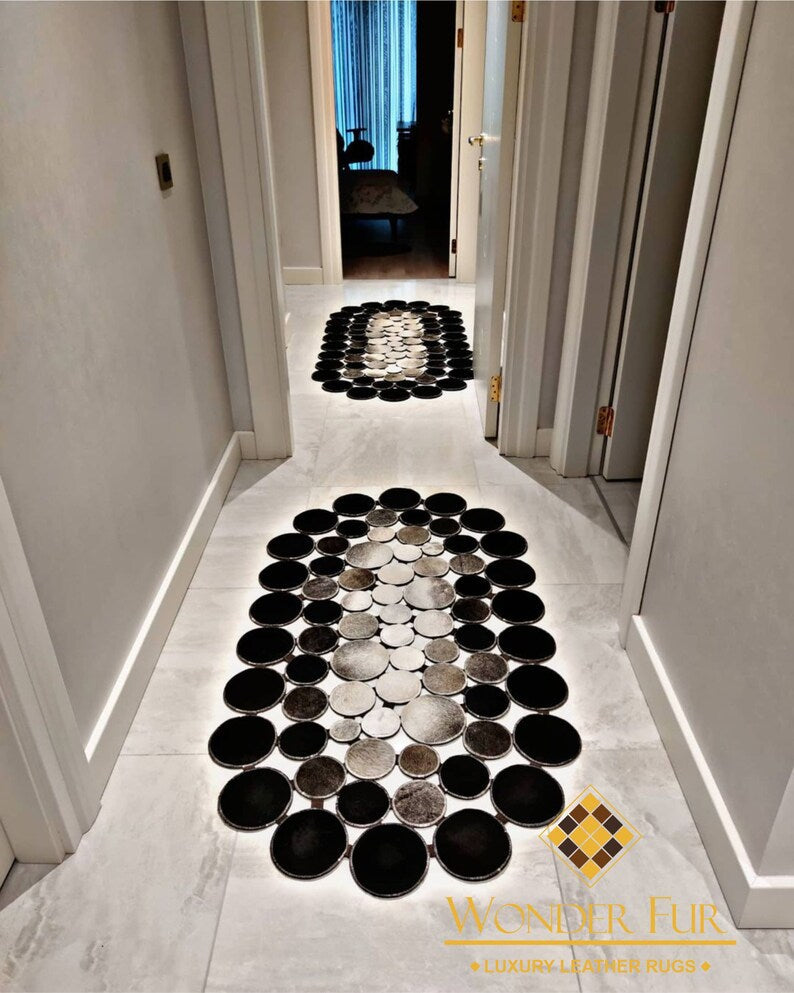 Tricolor Oval Genuine Cow Skin Runner Rug, Handmade Cowhide Patchwork Rug