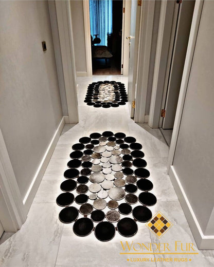 Tricolor Oval Genuine Cow Skin Runner Rug, Handmade Cowhide Patchwork Rug