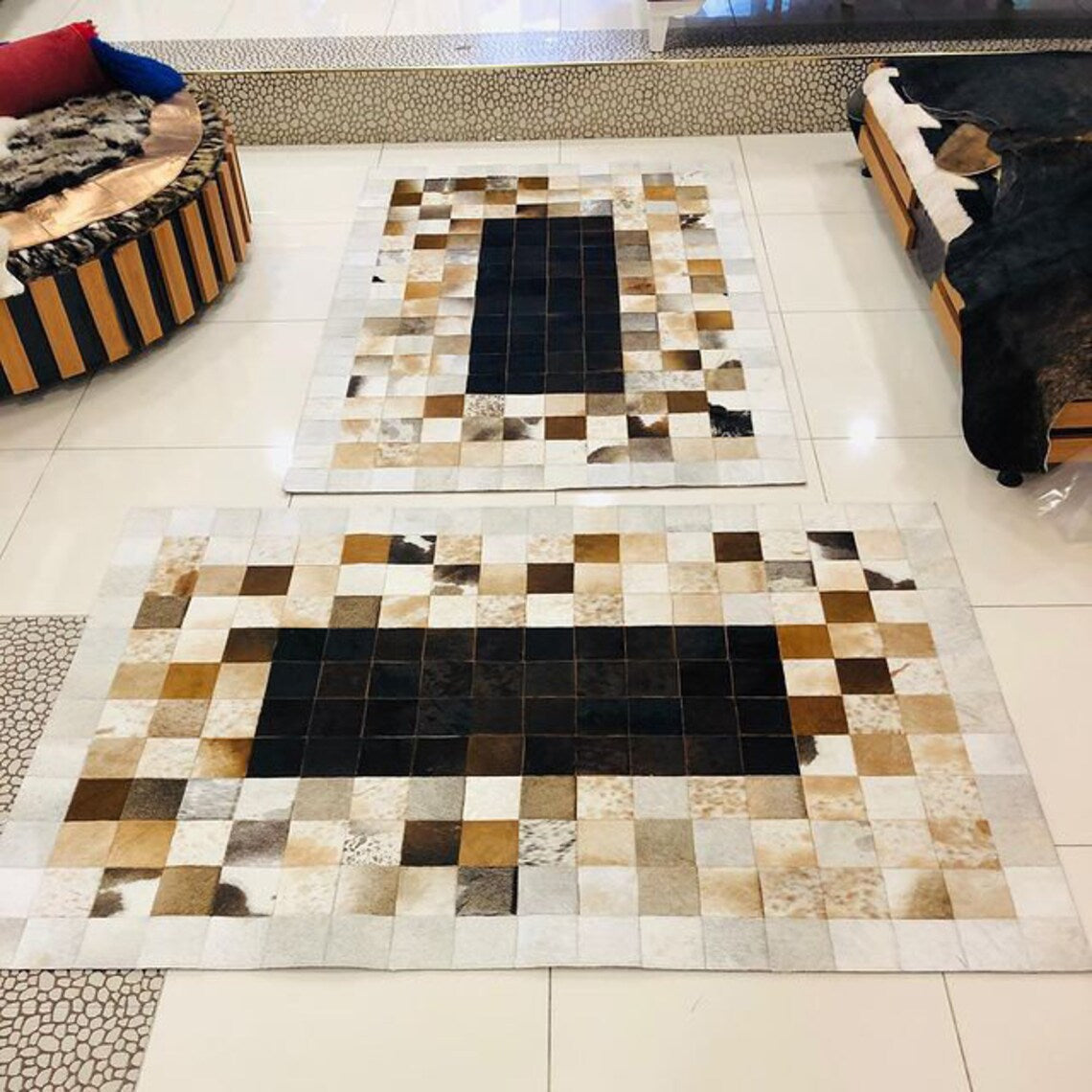 Tricolor Patchwork Handmade Real Cowhide Bedroom Area Rug , Luxury Rug