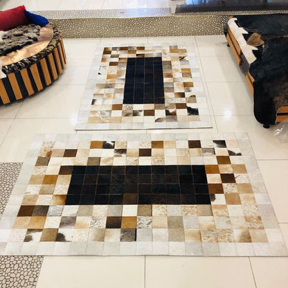 Tricolor Patchwork Handmade Real Cowhide Bedroom Area Rug , Luxury Rug