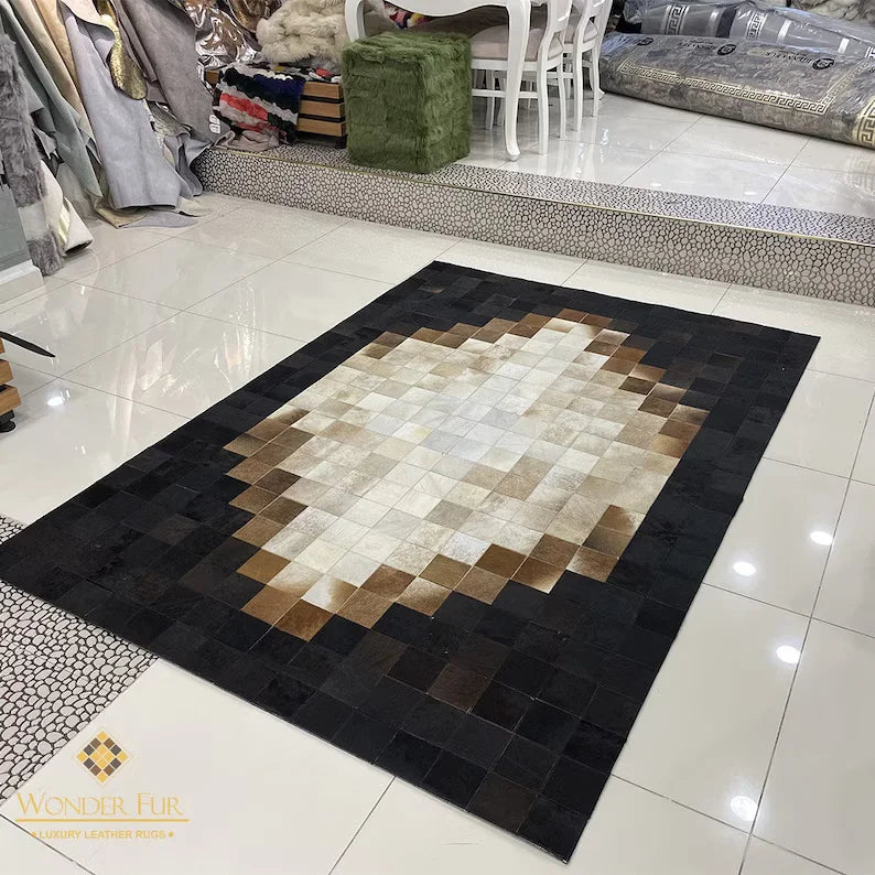 Tricolor Unique Cowhide Area 6x9 Rug, Natural Handmade Leather Cowhide Patchwork Rug