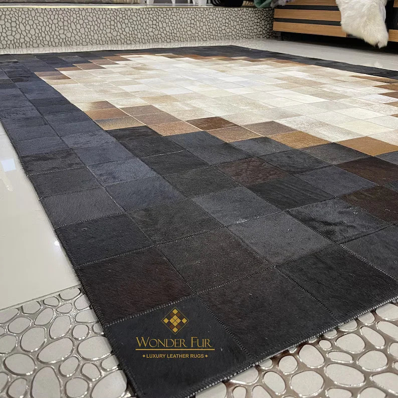 Tricolor Unique Cowhide Area 6x9 Rug, Natural Handmade Leather Cowhide Patchwork Rug