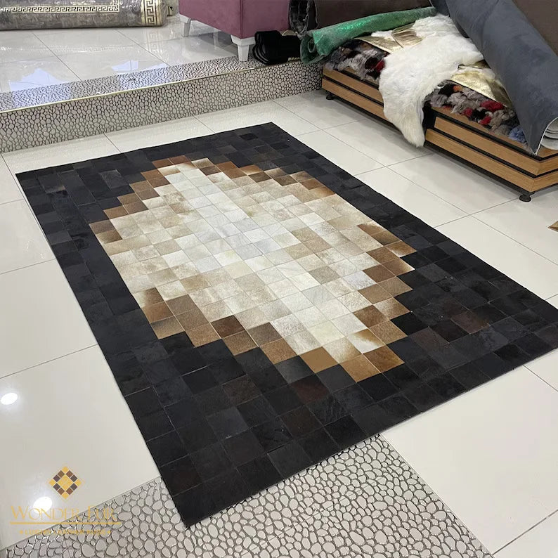 Tricolor Unique Cowhide Area 6x9 Rug, Natural Handmade Leather Cowhide Patchwork Rug