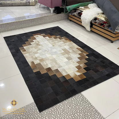 Tricolor Unique Cowhide Area 6x9 Rug, Natural Handmade Leather Cowhide Patchwork Rug