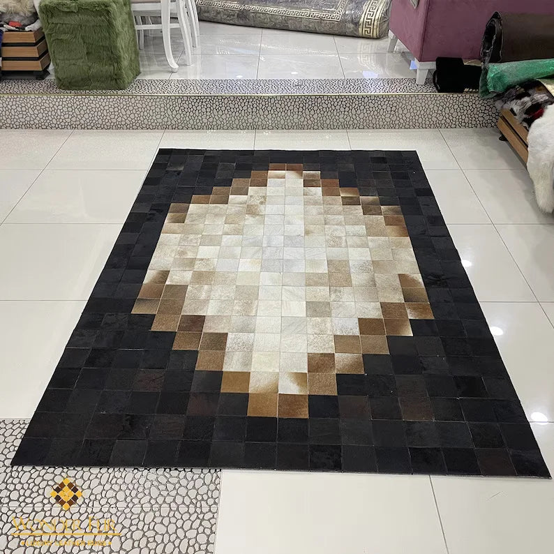 Tricolor Unique Cowhide Area 6x9 Rug, Natural Handmade Leather Cowhide Patchwork Rug