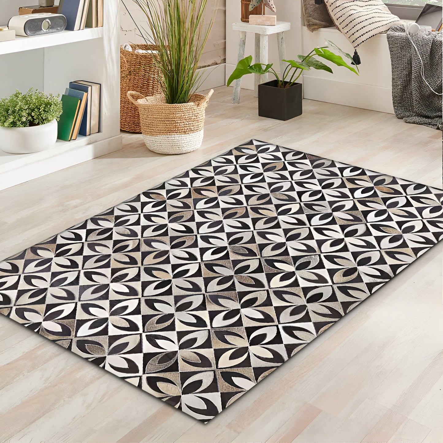 Tricolor Unique Design Cowhide Area Rug, Handmade Natural Living Room Rug