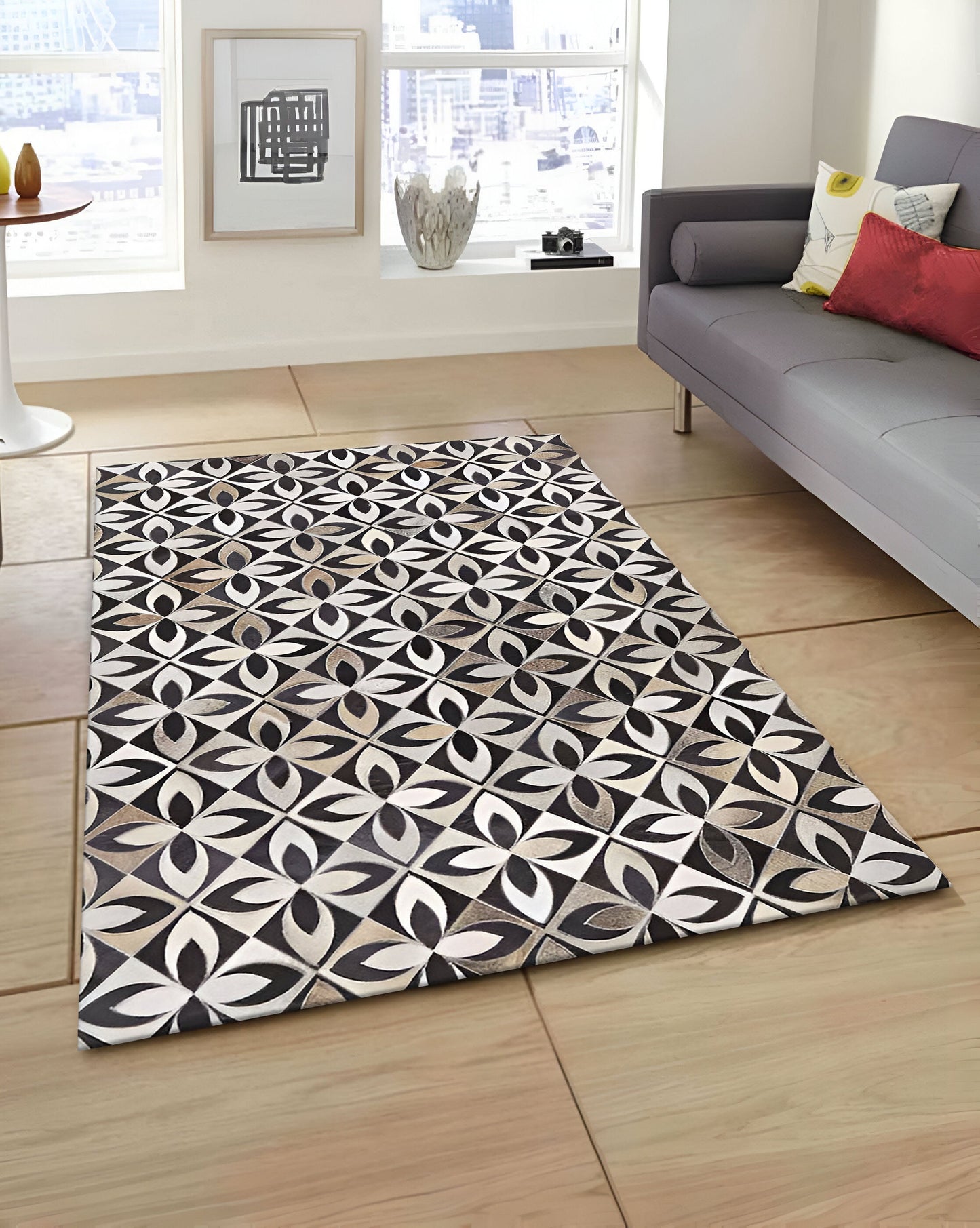 Tricolor Unique Design Cowhide Area Rug, Handmade Natural Living Room Rug