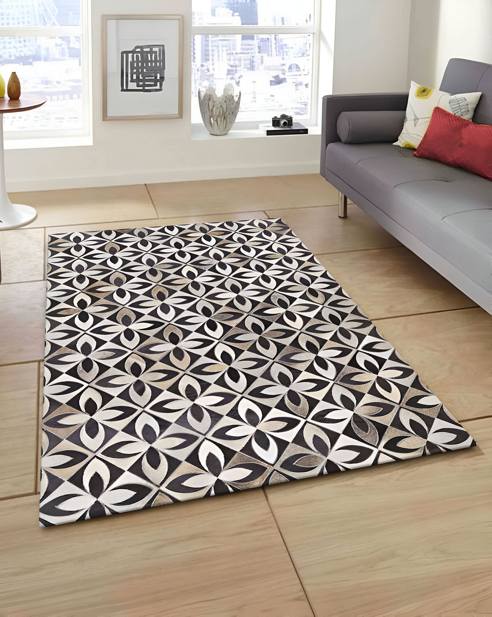 Tricolor Unique Design Cowhide Area Rug, Handmade Natural Living Room Rug