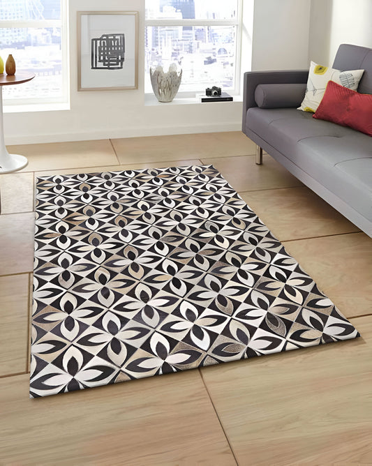 Tricolor Unique Design Cowhide Area Rug, Handmade Natural Living Room Rug
