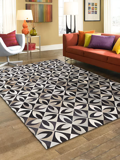 Tricolor Unique Design Cowhide Area Rug, Handmade Natural Living Room Rug