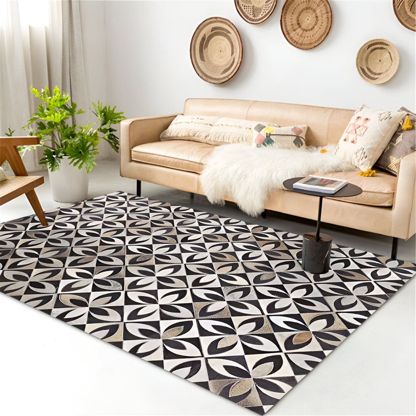 Tricolor Unique Design Cowhide Area Rug, Handmade Natural Living Room Rug