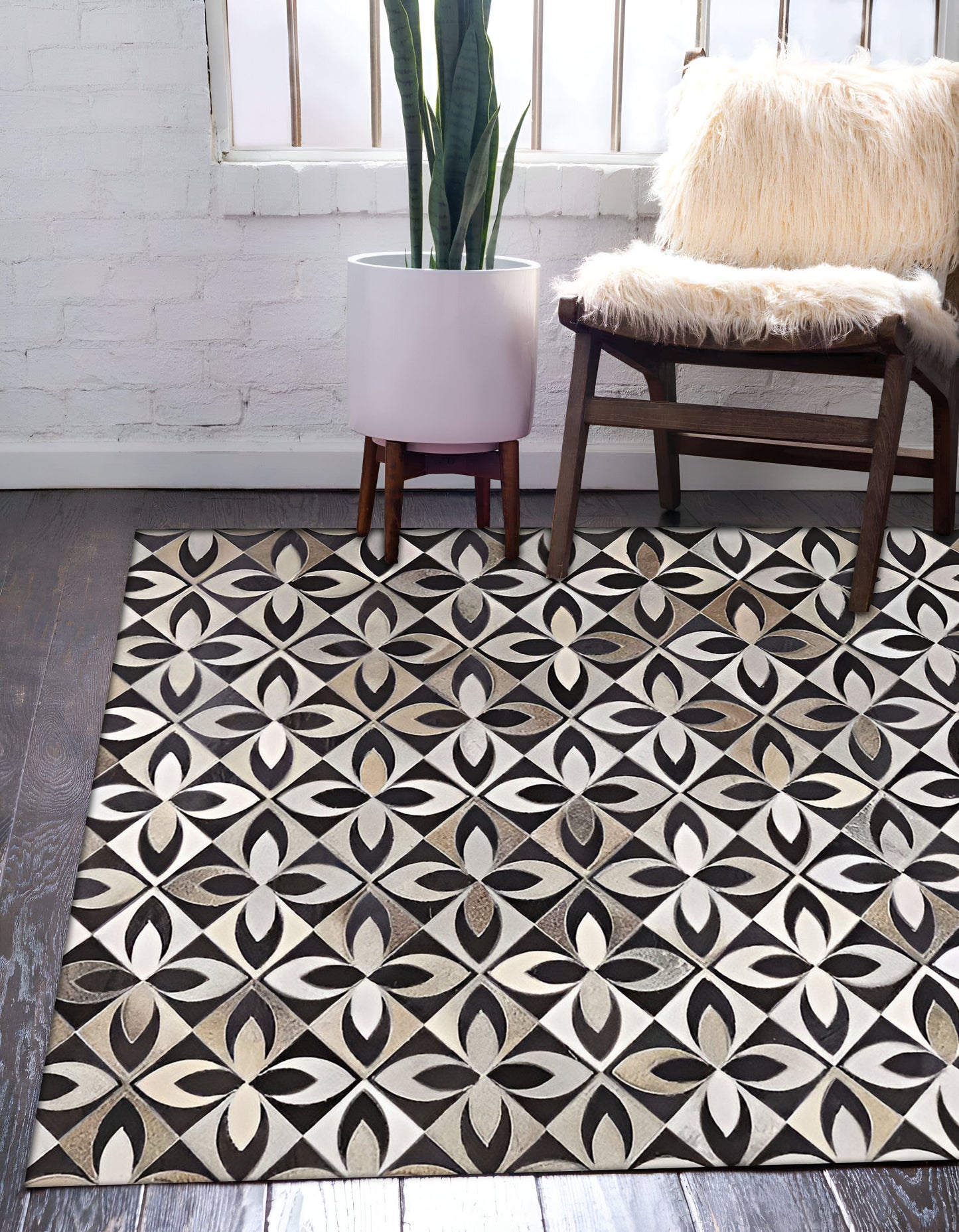 Tricolor Unique Design Cowhide Area Rug, Handmade Natural Living Room Rug