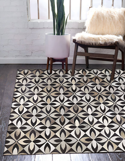 Tricolor Unique Design Cowhide Area Rug, Handmade Natural Living Room Rug