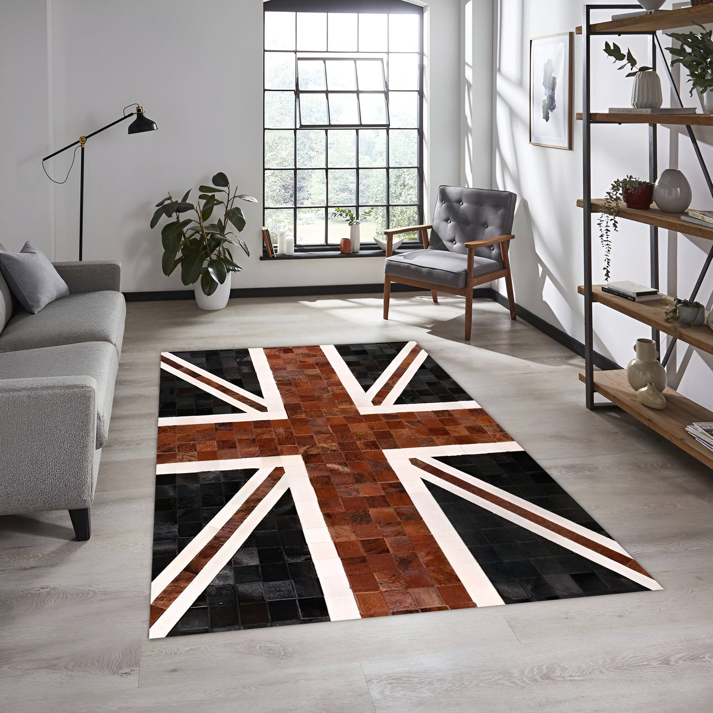 Union Jack British Flag Rug, Natural Leather Handmade Cowhide Area Rug