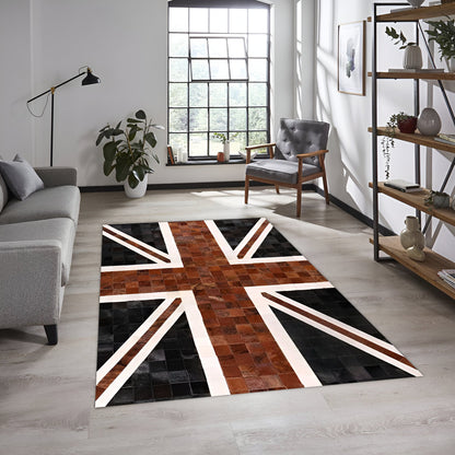 Union Jack British Flag Rug, Natural Leather Handmade Cowhide Area Rug