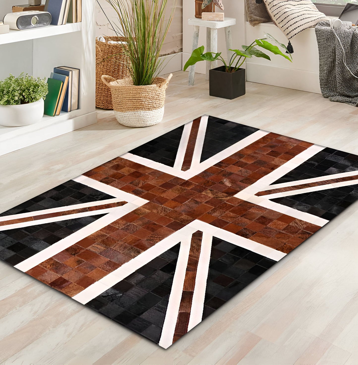Union Jack British Flag Rug, Natural Leather Handmade Cowhide Area Rug
