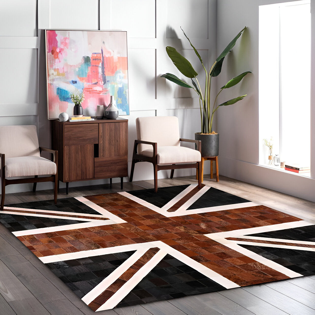 Union Jack British Flag Rug, Natural Leather Handmade Cowhide Area Rug