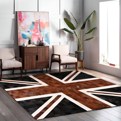 Union Jack British Flag Rug, Natural Leather Handmade Cowhide Area Rug