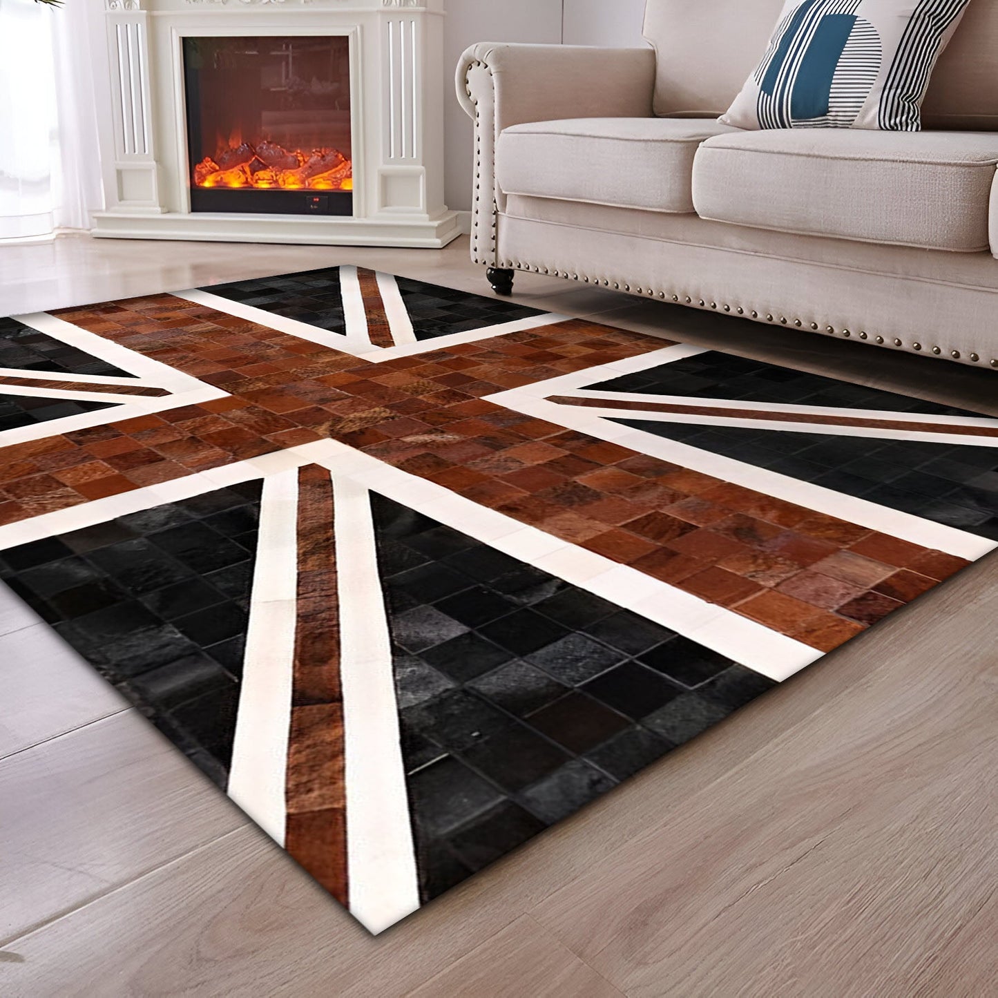 Union Jack British Flag Rug, Natural Leather Handmade Cowhide Area Rug
