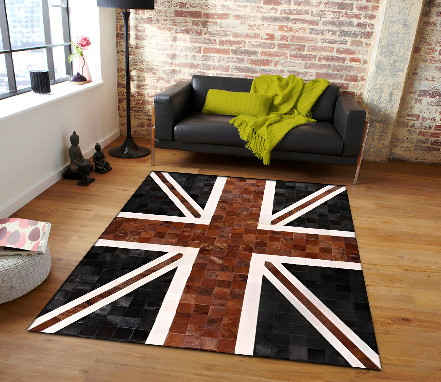 Union Jack British Flag Rug, Natural Leather Handmade Cowhide Area Rug