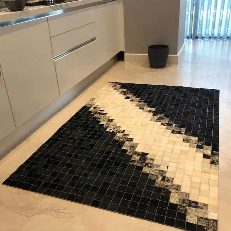 Unique Black and White 100% Natural Cowhide Patchwork Rug, Handmade Cow Skin Non Slip Rug, Interior Floor Rug