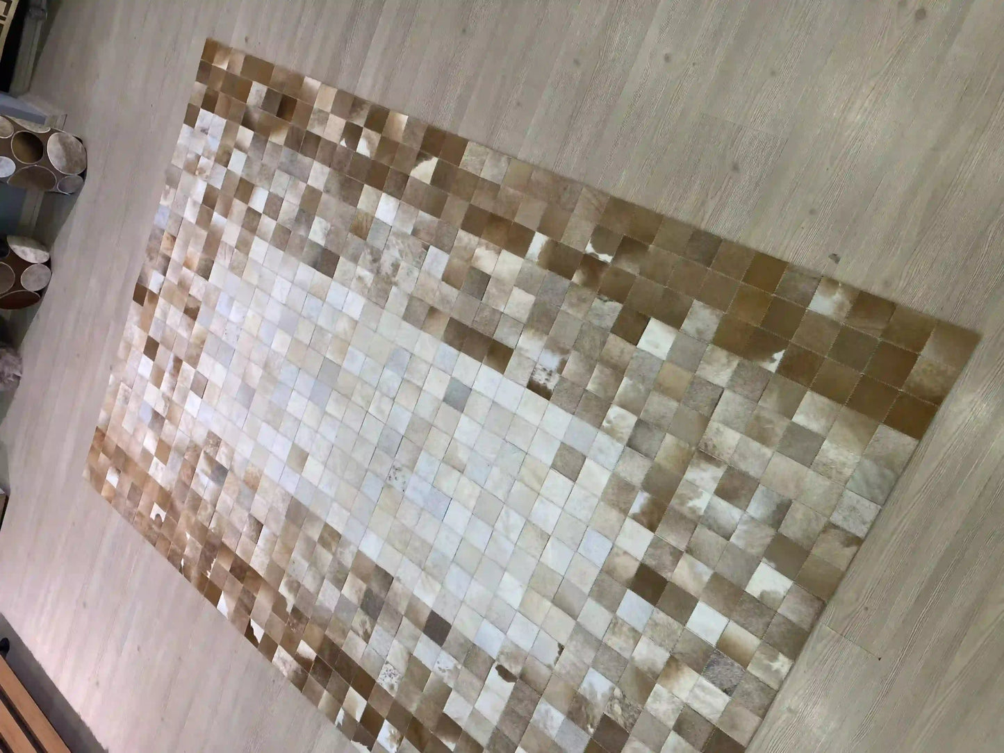 Unique Brown and White Cow Skin Patchwork Rug for Living Room