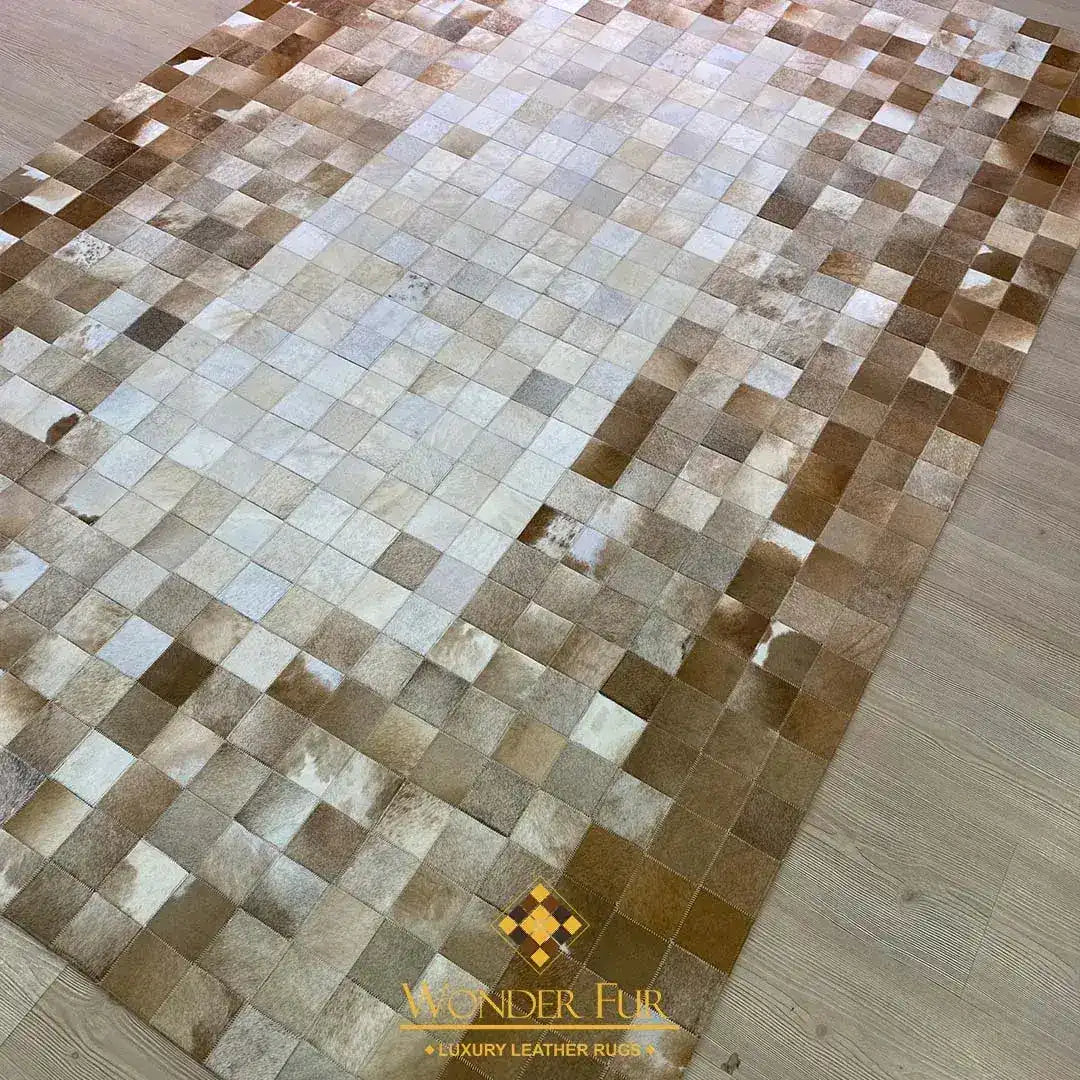 Unique Brown and White Cow Skin Patchwork Rug for Living Room