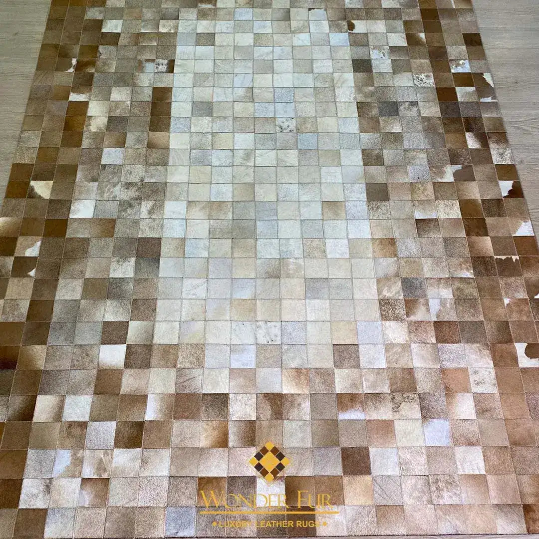 Unique Brown and White Cow Skin Patchwork Rug for Living Room