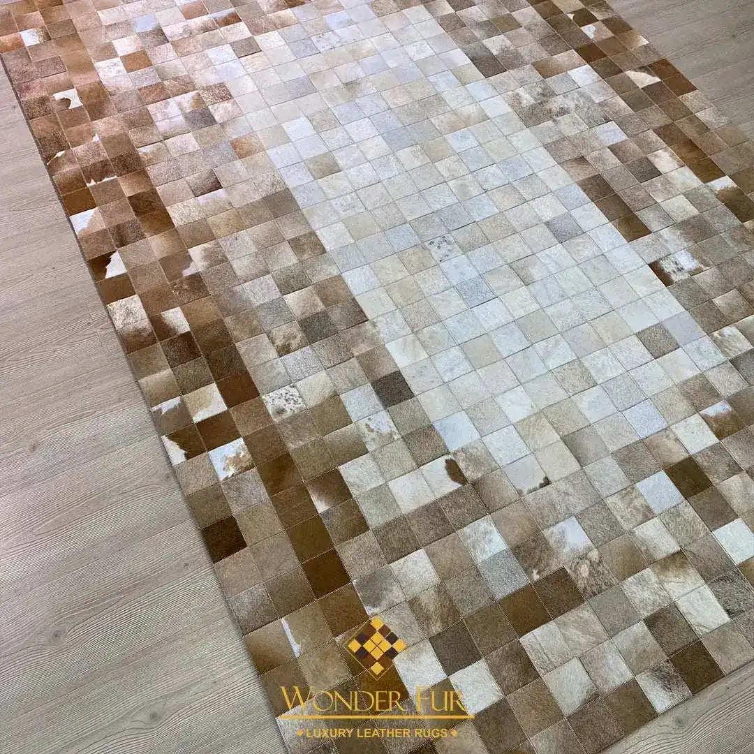 Unique Brown and White Cow Skin Patchwork Rug for Living Room