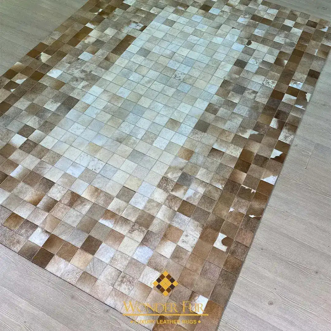 Unique Brown and White Cow Skin Patchwork Rug for Living Room
